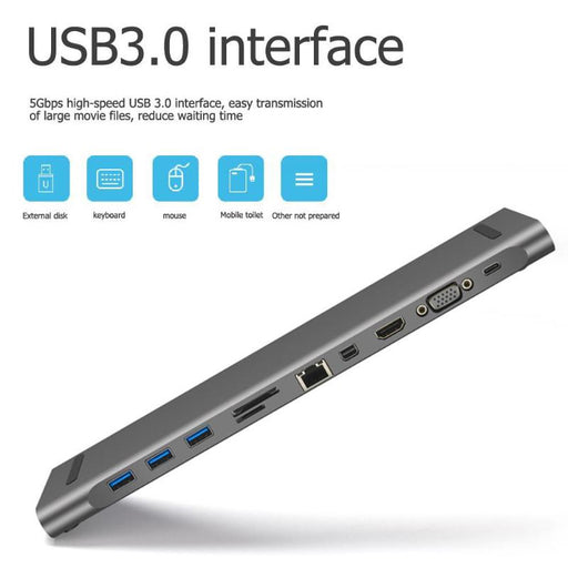 Aluminum 11 in 1 Hub USB Type-C to USB3.0 TF HDMI VGA RJ45 Mini DP Docking Station Adapter for MacBook Type-C HUB Drop Shiupping